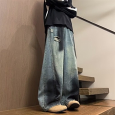 复古廓形破洞牛仔裤男潮牌高街涂鸦小众宽松水洗阔腿裤NB34，男装牛仔裤，星座1116A-1（原606A）