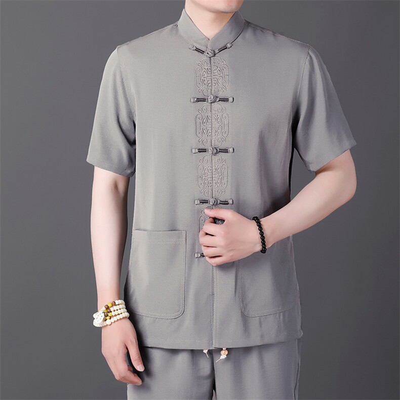 唐装男风两件套夏季中老年男士爸爸夏装短袖中式汉服刺绣盘扣,男装民族服装,电商B212（原钱塘6029）