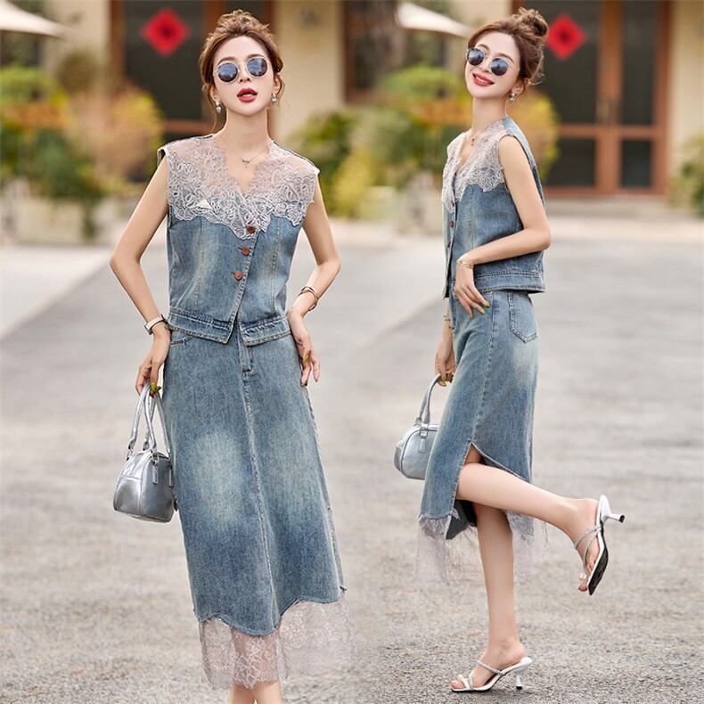 牛仔套装裙2025夏季新款气质女神范高端绝美小香风蕾丝一整套穿搭，女装套装/套裙，布芭啦