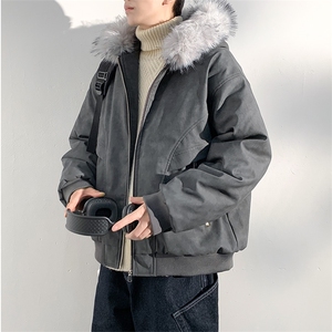 现货 扎染PU皮棉服男冬季加厚连帽棉衣座山雕大毛领外套M090-P120图片