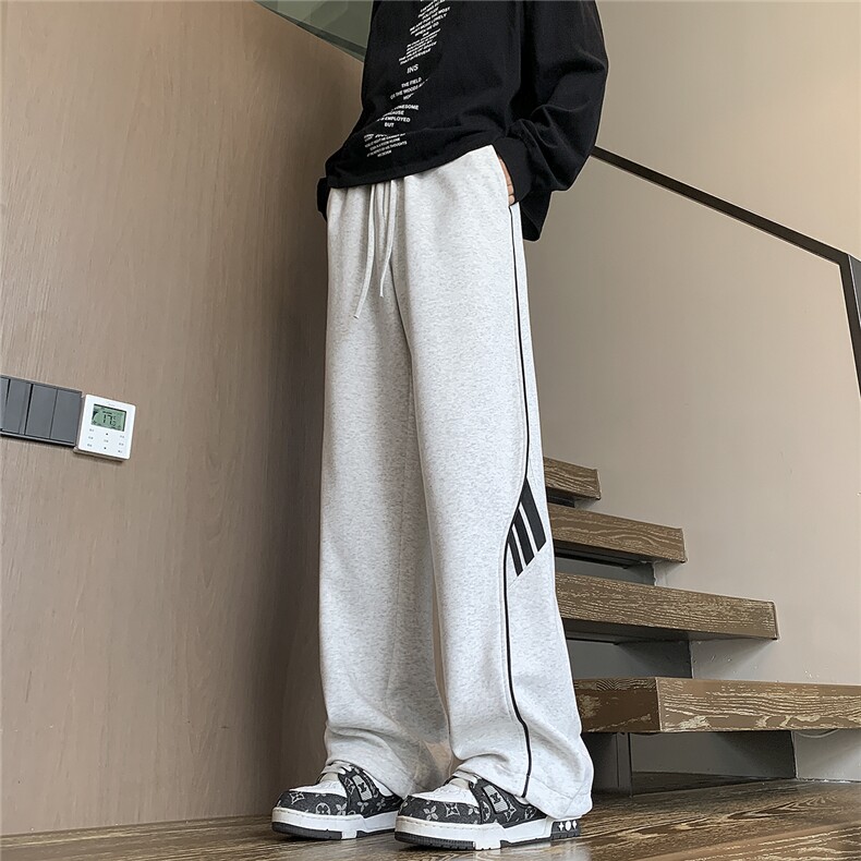 美式高街运动卫裤男潮牌宽松阔腿直筒裤男生痞帅条纹拼接休闲长裤图片