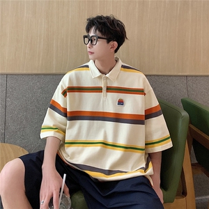 美式条纹短袖polo衫男女大码M-5XL港风翻领短袖T恤DP77010P50控78图片