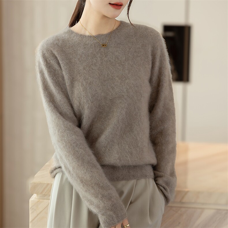 时尚圆领拉绒纯山羊绒衫女无缝一线毛衣2025秋冬新款针织打底拉毛，女装羊绒衫，咔绒特