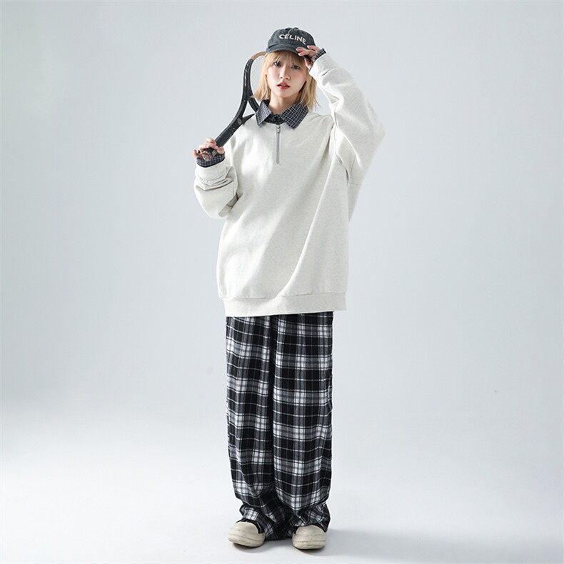 高克重格子条纹拉连V领时尚假两件拼接情侣卫衣XZ301AWY2508,男装卫衣,星座301A