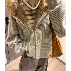 毛领条纹连帽卫衣外套女新款秋冬加绒小众情侣上衣 WA279图片