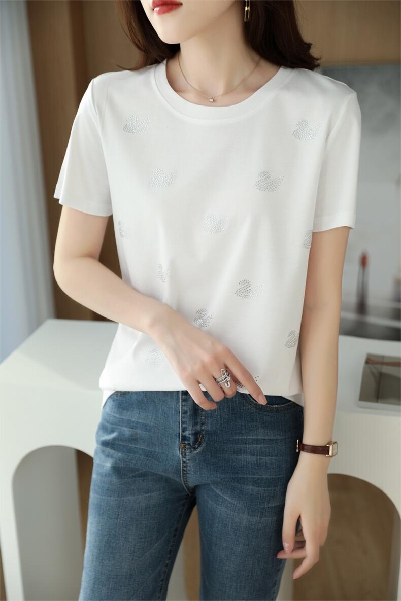 夏季女士丝光棉短袖t恤女夏黑色体恤衫镶钻女装上衣大码刺绣纯棉T,女装T恤,元素羊绒