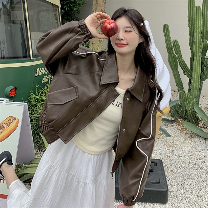 《48H发》美拉德皮衣棒球服拼色荧光条短外套,女装皮衣,辰辰家