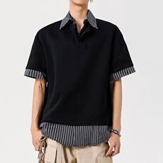 假两件条纹polo领短袖t恤宽松设计感小众休闲百搭上衣网图，男装T恤，星座410-6（原星座1304-1）