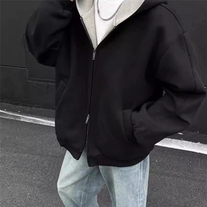 灰色连帽拉链开衫卫衣男春秋季美式复古高街帽衫重磅运动外套男款图片