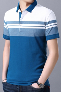polo衫短袖t恤男夏季薄款条纹翻领有领中年爸爸装冰丝中老年衣服图片