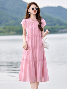 现货新款女2025夏季新款木耳边小飞袖清凉休闲宽松连衣裙送腰带图片