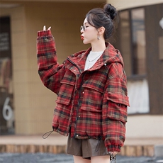 连帽羽绒服女冬季新款2025格子法式气质显瘦设计感时尚减龄外套潮，女装毛呢外套，水衣源