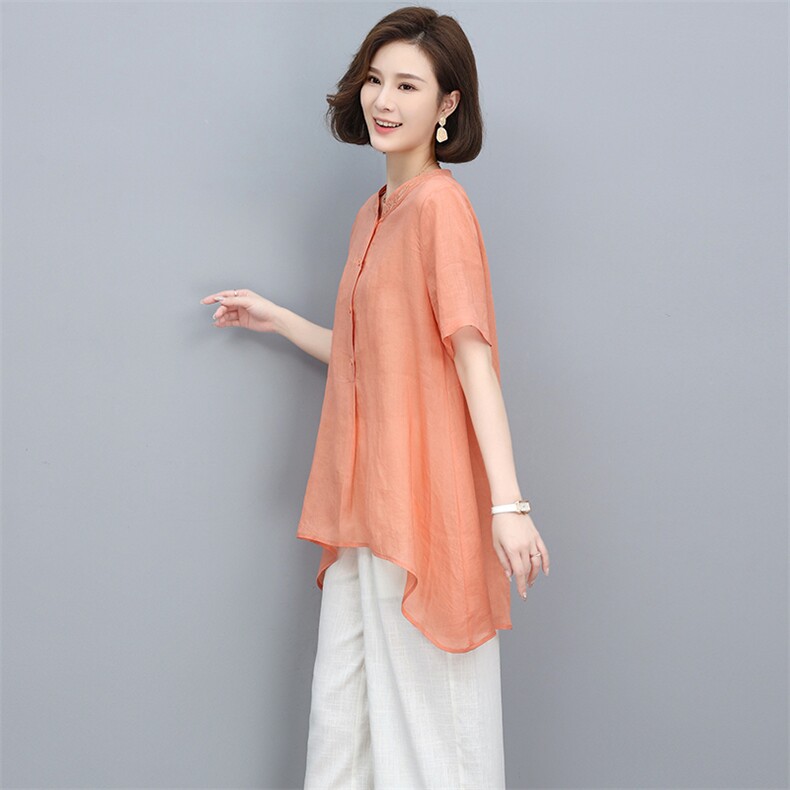2023夏季新款简约时尚休闲舒适纯苎麻刺绣开衫上衣,女装衬衫,独衣靓