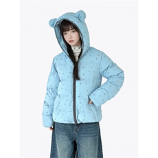 1506A/G79170/P92可爱蓝色星星印花小熊耳朵连帽棉服外套女冬季保，男装棉衣，星座1506A