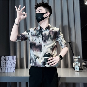 扎染印花男士七分袖衬衫修身潮流社会小伙301C-CS13-P58控78图片