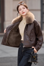 大毛领加绒加厚皮衣外套女短款2025冬季新款小个子百搭显瘦皮夹克，女装皮衣，英标秀（1C119）