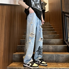 k1079-p55-控78M-5XL现货oversizecleanfit显瘦黄泥牛仔裤破洞，男装牛仔裤，星座116