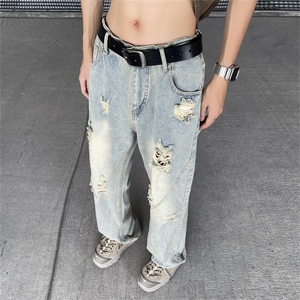 复古阔腿牛仔裤男春秋季新款宽松百搭破洞牛仔裤 T1722-P42有货图片