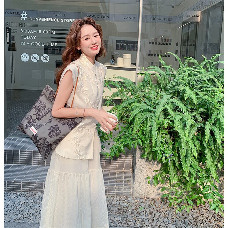 新中式国风套装女2025夏季新款独特漂亮刺绣马甲高腰阔腿裤两件套,女装套装/套裙,2C275