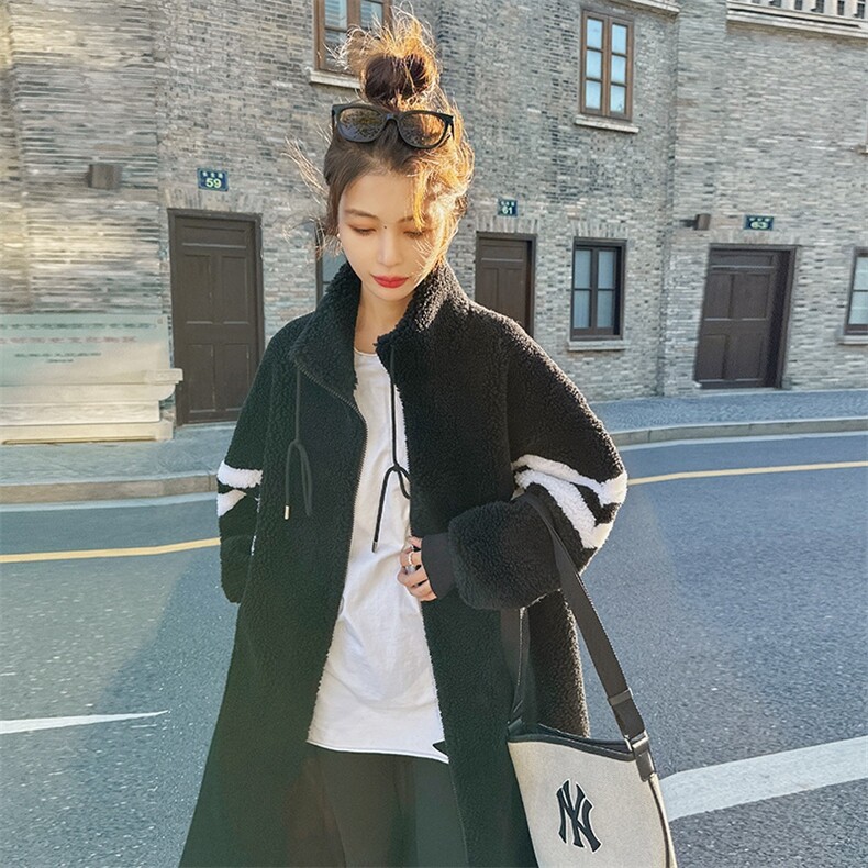 高级感炸街黑色皮毛一体羊羔毛外套女冬韩系中长款加厚颗粒绒大衣,女装羊羔毛/颗粒绒,菡迪欧娜