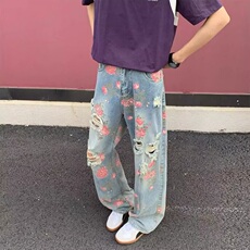 夏季薄款牛仔裤男款宽松花色休闲裤痞帅印花直筒裤子NK0122，男装牛仔裤，星座1116A（原606A-3）