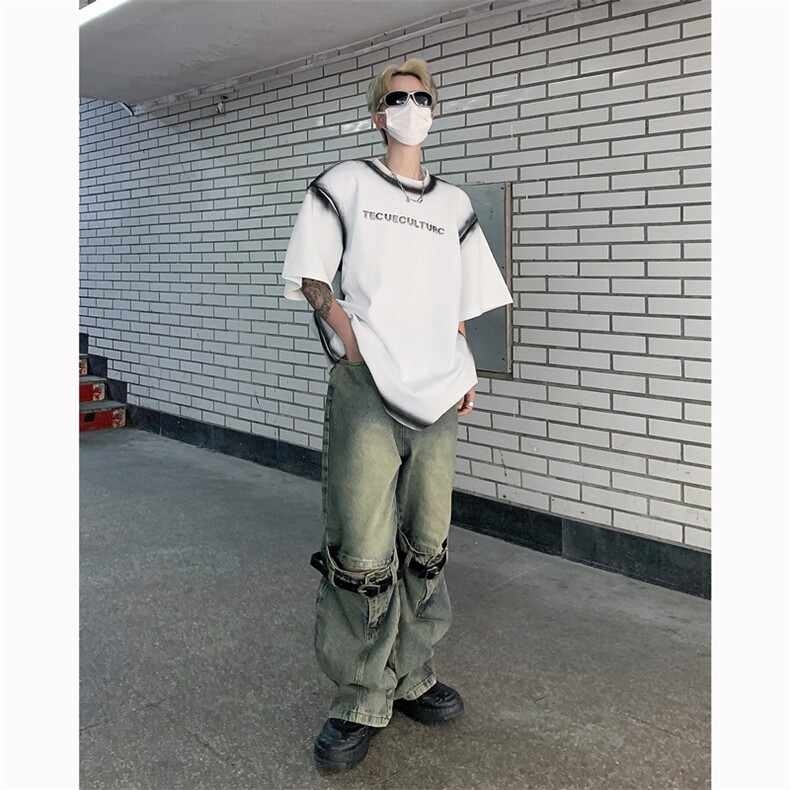 wassuphappy美式垫肩短袖t恤男夏季薄款潮流高街情侣休闲五分袖,男装T恤,电商B288