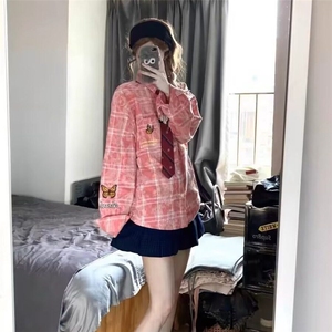 DB252-P55美式蝴蝶刺绣格子衬衫长袖男女宽松情侣衬衣-网图现货图片