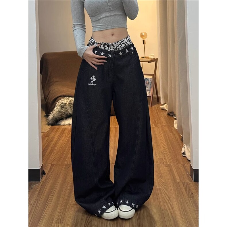 美式暗星漫游者豹纹双腰头牛仔裤裤子女款2026春季新款阔腿弯刀裤,男装牛仔裤,星座516A