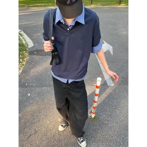 得物抖音高品质二开 夏季美式潮牌高街假两件格子衬衣翻领短袖T恤图片