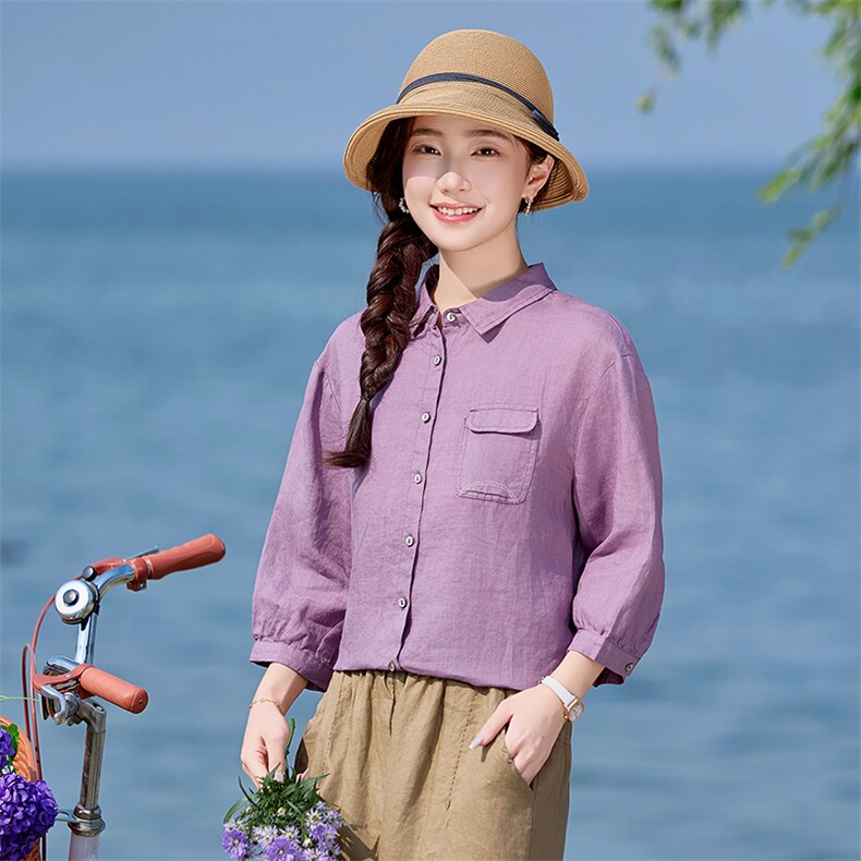 棉麻衬衫女2025夏季新款中年妈妈休闲宽松时尚洋气亚麻七分袖上衣,女装衬衫,涵誉