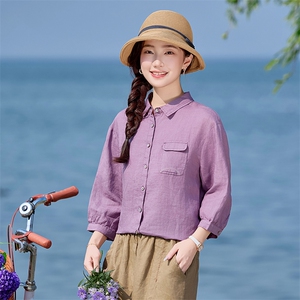 棉麻衬衫女2025夏季新款中年妈妈休闲宽松时尚洋气亚麻七分袖上衣图片