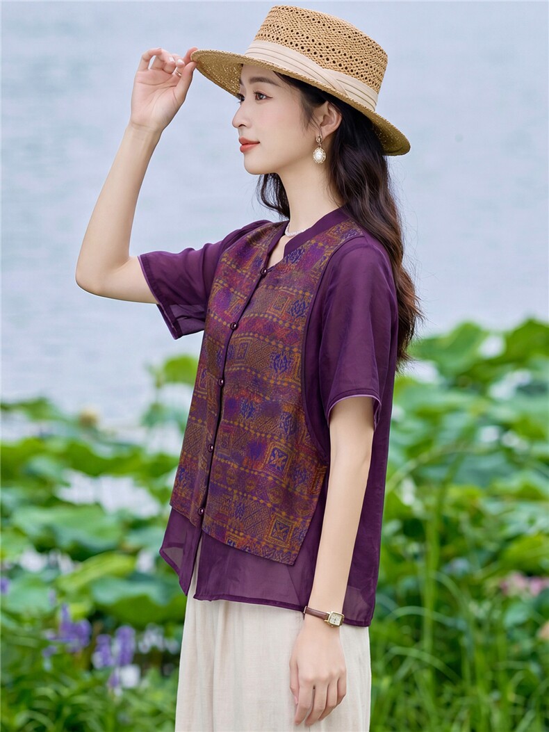 现货2026年夏季新款中老年式假两件复古短袖小衬衫马甲上衣T恤女,女装衬衫,璐依舞