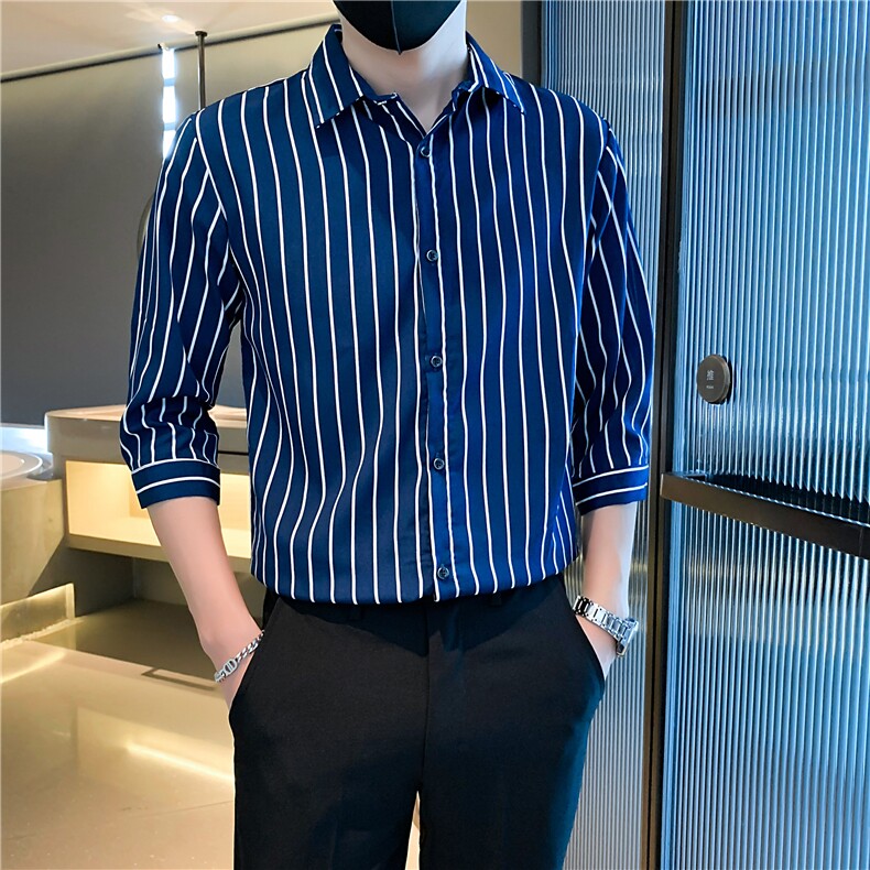 条纹七分袖衬衣新品轻熟风男装韩版修身高级感衬衫男士C156-3-4-5,男装衬衫,星座1116A-2（原606A-1）