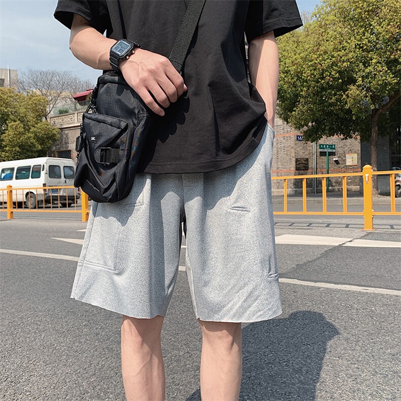 INS夏季简约纯色分割五分裤运动直筒小清新休闲短裤子男装,男装休闲裤,电商A102B