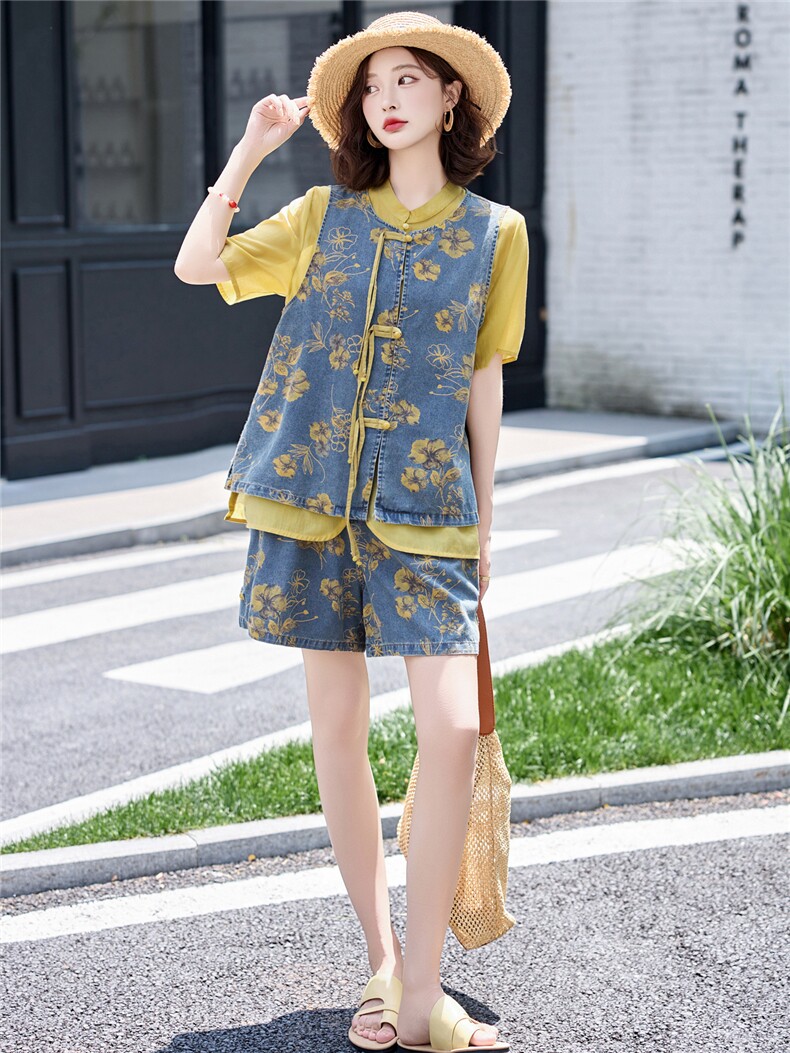 新中式国风牛仔套装女夏新款韩系时髦洋气减龄马甲衬衫短裤三件套,女装套装/套裙,欣品汇
