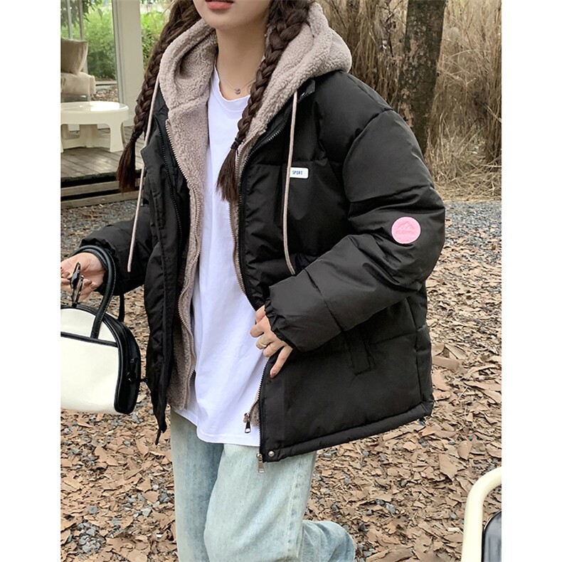羊羔毛拼接假两件加厚连帽羽绒棉服女2023年新款日系情侣外套,女装棉衣/棉服,梦白服饰厂
