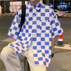 F183-P302024新款棋盘格短袖衬衫男夏季ins潮牌宽松半袖衬衣现货，男装衬衫，星座512-6
