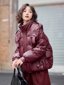 冬季新品 时尚保暖白鸭绒皮羽绒服 女装短款宽松外套图片