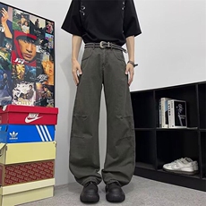 美式复古牛仔阔腿多口袋工装裤男女直筒宽松小众设计感休闲弯刀裤，男装工装外套，星座813-2