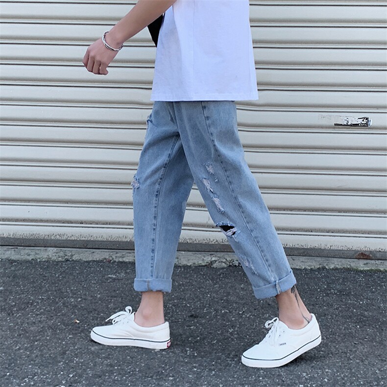 复古破洞牛仔裤男潮夏季青少年休闲宽松直筒裤子,男装牛仔裤,星座410-7