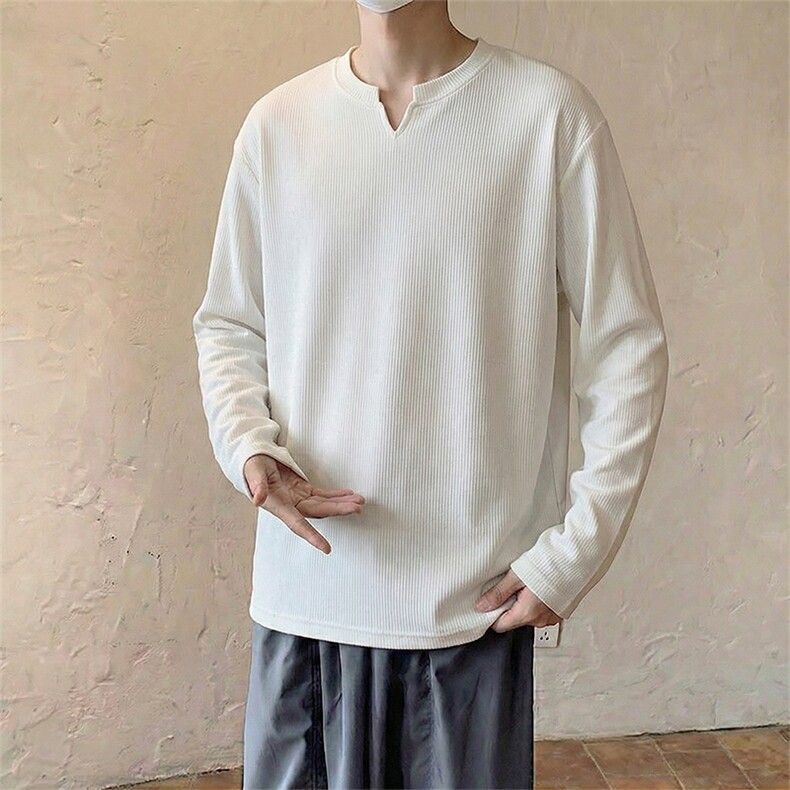 V领肌理纹加绒长袖T恤【现货】C403A-CT2500VJR-特P25常规-特P18，男装T恤，电商C403A