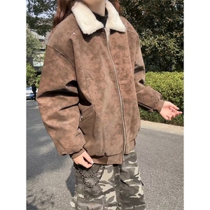 现货冬季美拉德毛领雾面PU皮棉服加绒加厚保暖百搭设计款情侣棉衣图片