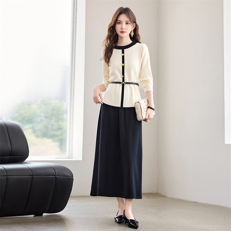 现货！秋季新款休闲简约百搭立体条纹撞色款圆领洋气两件套裙女，女装套装/套裙，宝儿家