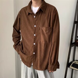 男秋季复古灯芯绒长袖衬衫日系潮流口袋衬衣FA12P38图片
