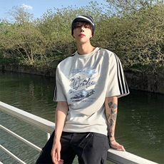 抖音得物高品质二开240克宽松纯棉美式潮牌三条杠织带短袖T恤，男装T恤，电商A486-1