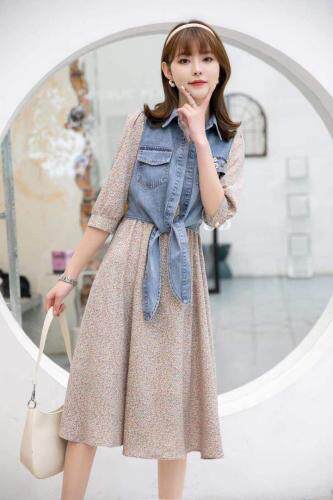 【现货】春季新款牛仔碎花连衣裙假两件淑女风，女装连衣裙，笑思源