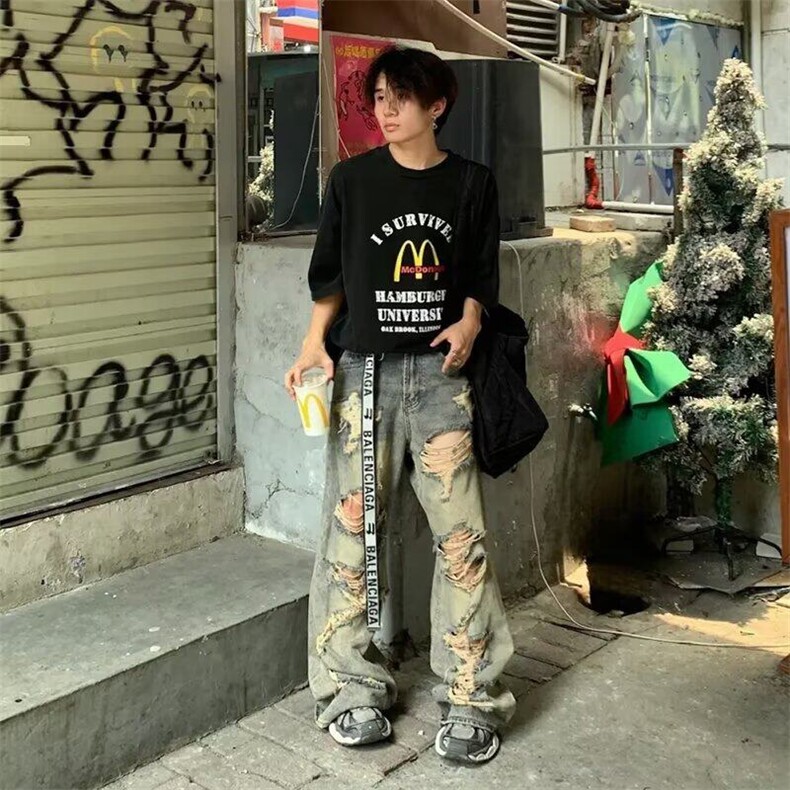 美式高街复古破洞废土风水洗牛仔裤男女宽松做旧阔腿裤LM7711-P46,男装牛仔裤,星座1008
