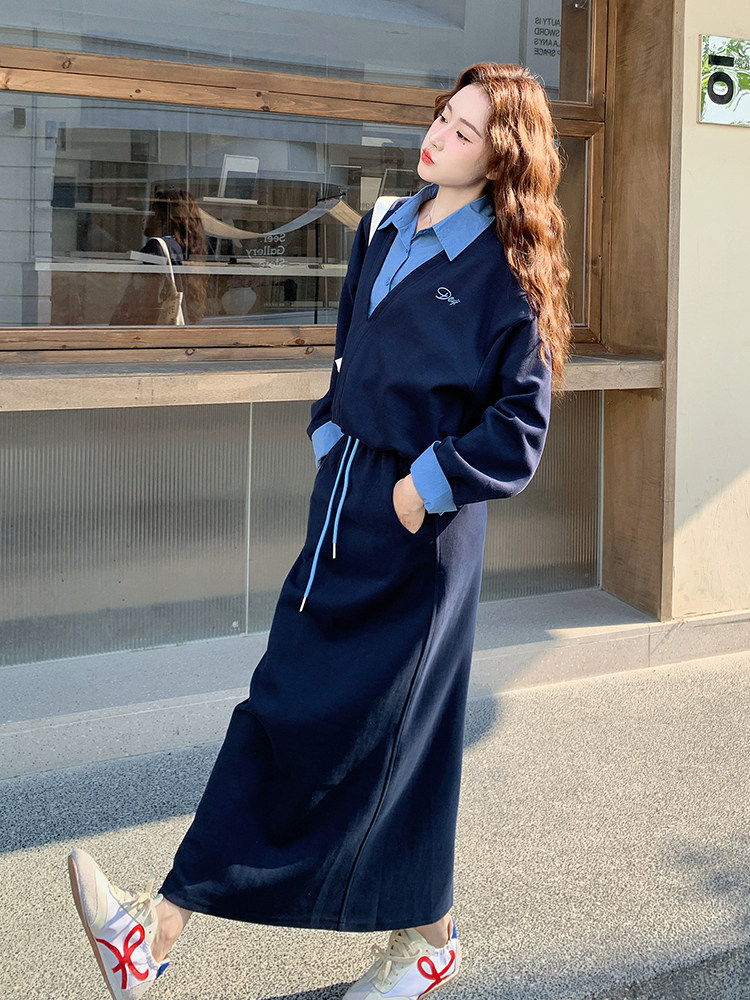 韩系松弛感学院风假两件卫衣套装女2025秋季新款气质半身裙两件套,女装套装/套裙,2D034