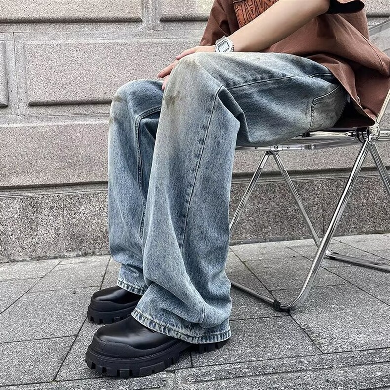 美式复古兰做旧牛仔裤男高街水洗直筒潮牌阔腿裤1001-1-GY967-P50,男装牛仔裤,星座1001-1