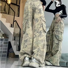 高街迷彩工装可束脚牛仔裤女潮洋气时尚夏季胖mm高腰宽松阔腿裤，男装牛仔裤，星座218-1（原230）